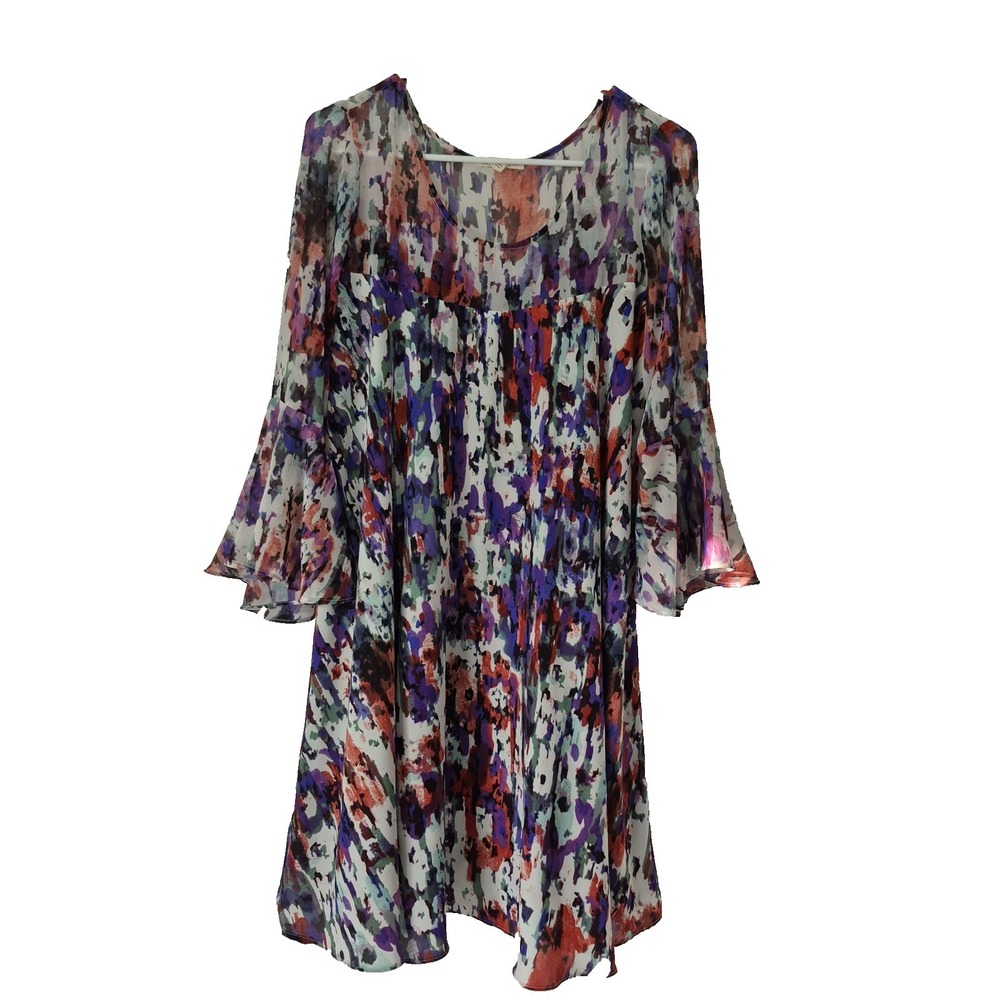 Paper Crown Anthroopologie Dress Womens M Multicolor 3/4 Bell Sleeve Lined Shift